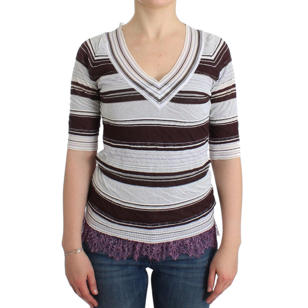 Ermanno Scervino Striped Lace V-Neck Short Sleeve Top Sweater