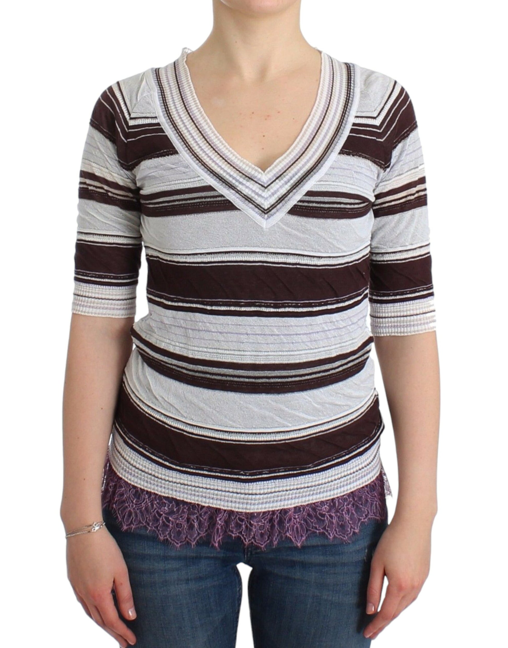Ermanno Scervino Striped Lace V-Neck Short Sleeve Top Sweater Ermanno Scervino