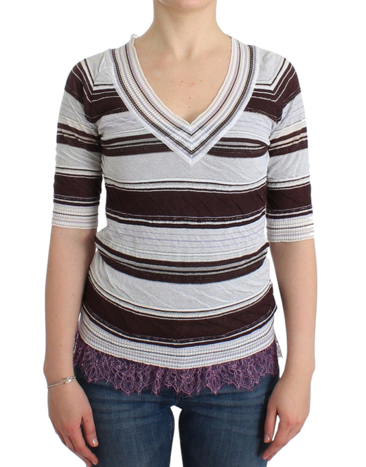 Ermanno Scervino Striped Lace V-Neck Short Sleeve Top Sweater Ermanno Scervino
