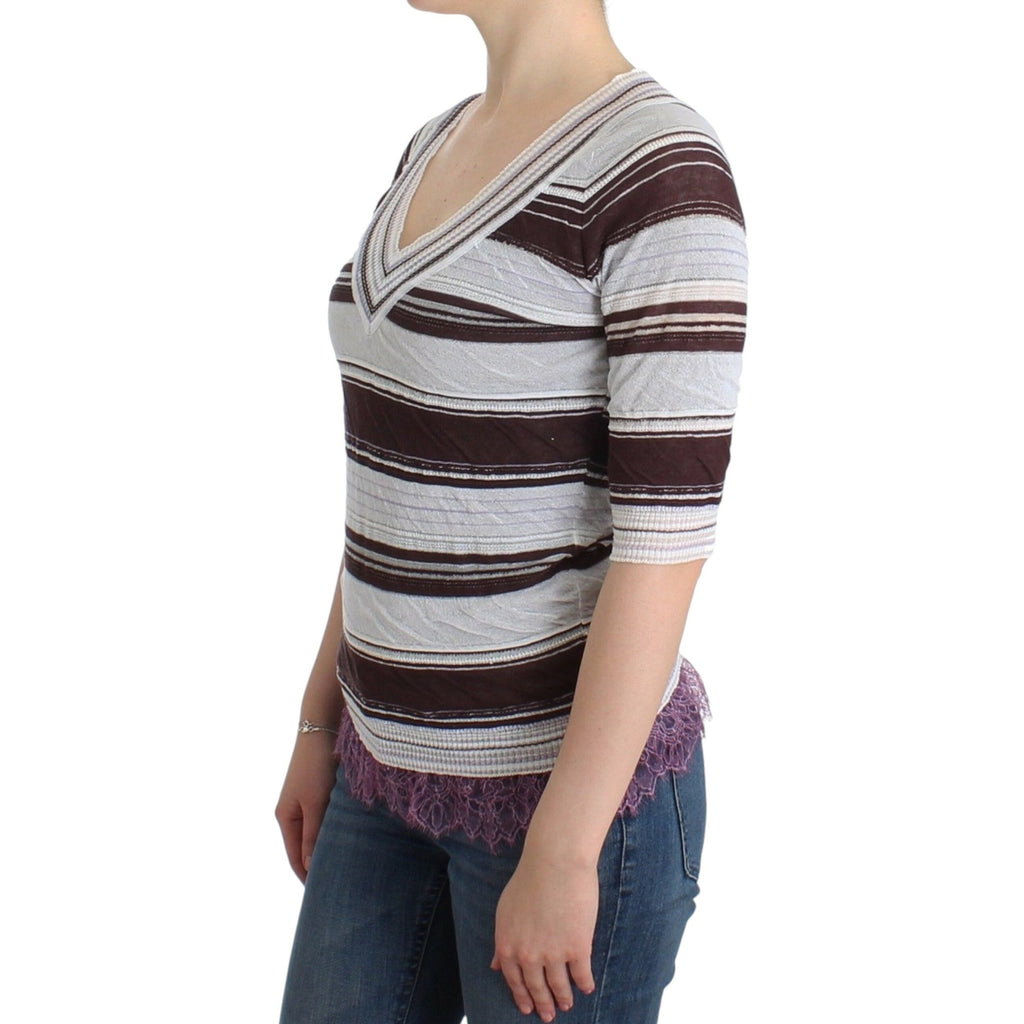 Ermanno Scervino Striped Lace V-Neck Short Sleeve Top Sweater
