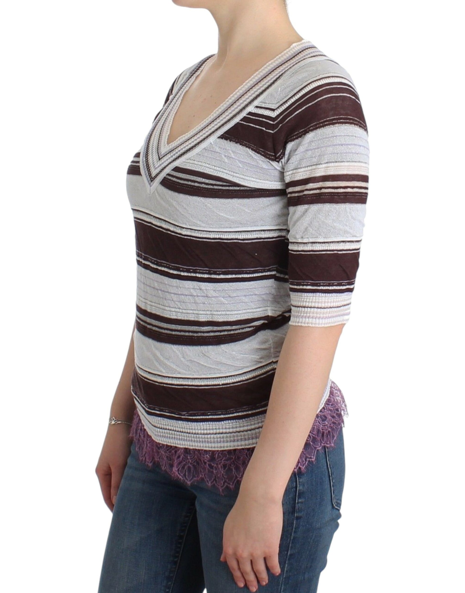 Ermanno Scervino Striped Lace V-Neck Short Sleeve Top Sweater Ermanno Scervino