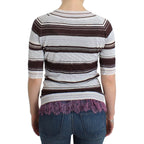 Ermanno Scervino Striped Lace V-Neck Short Sleeve Top Sweater