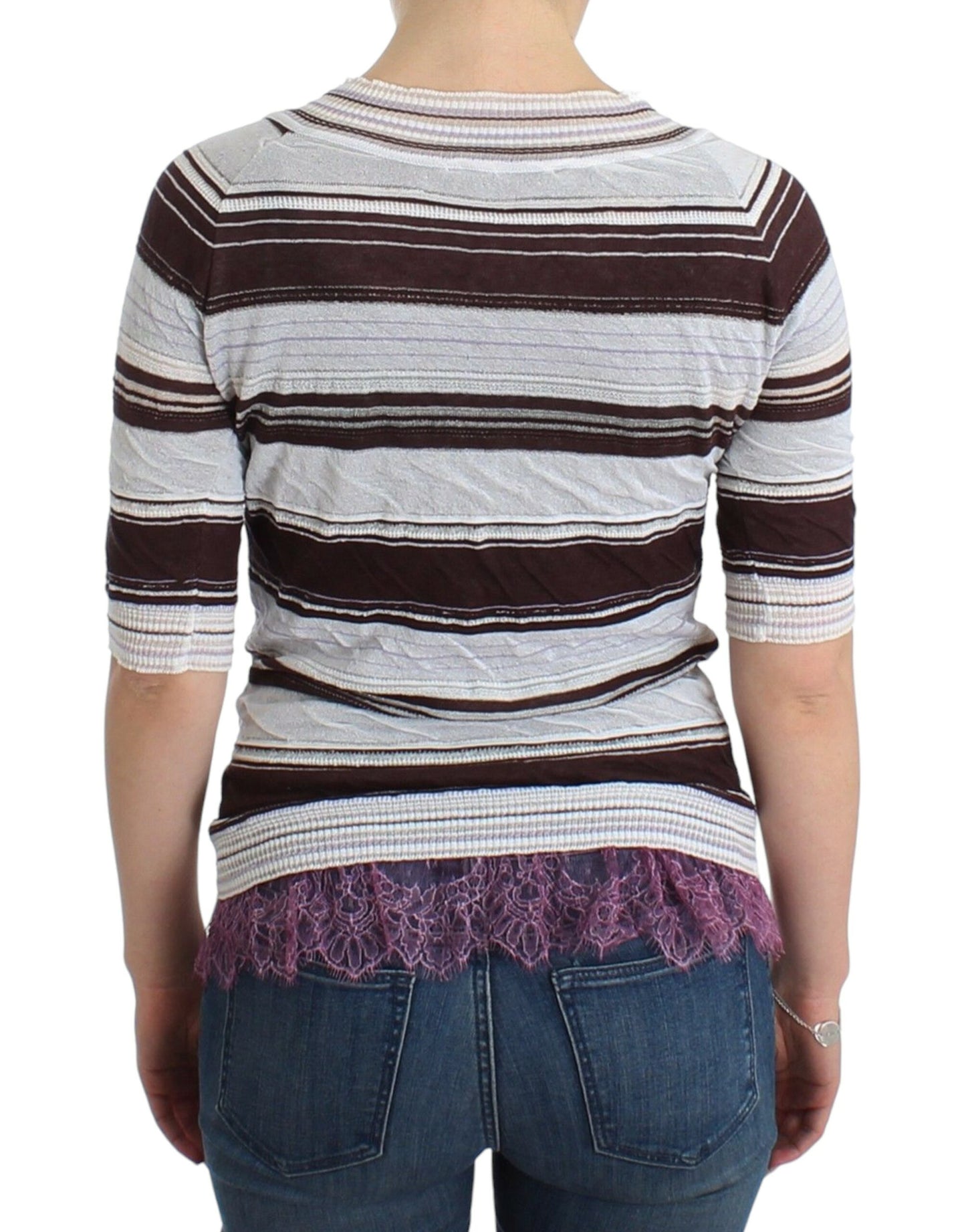 Ermanno Scervino Striped Lace V-Neck Short Sleeve Top Sweater Ermanno Scervino