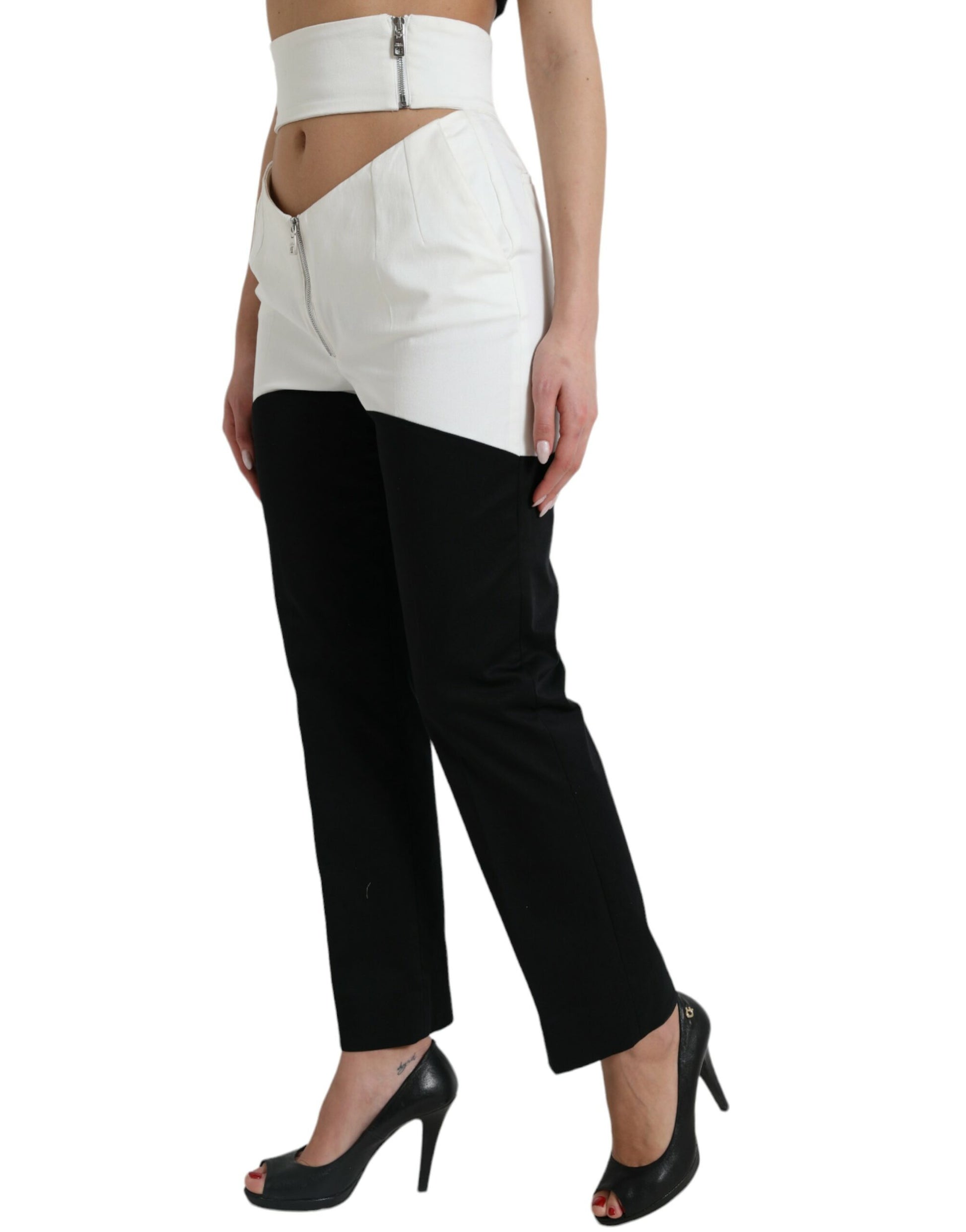Dolce & Gabbana Black White Cotton Cut Out Waist Tapered Pants Dolce & Gabbana