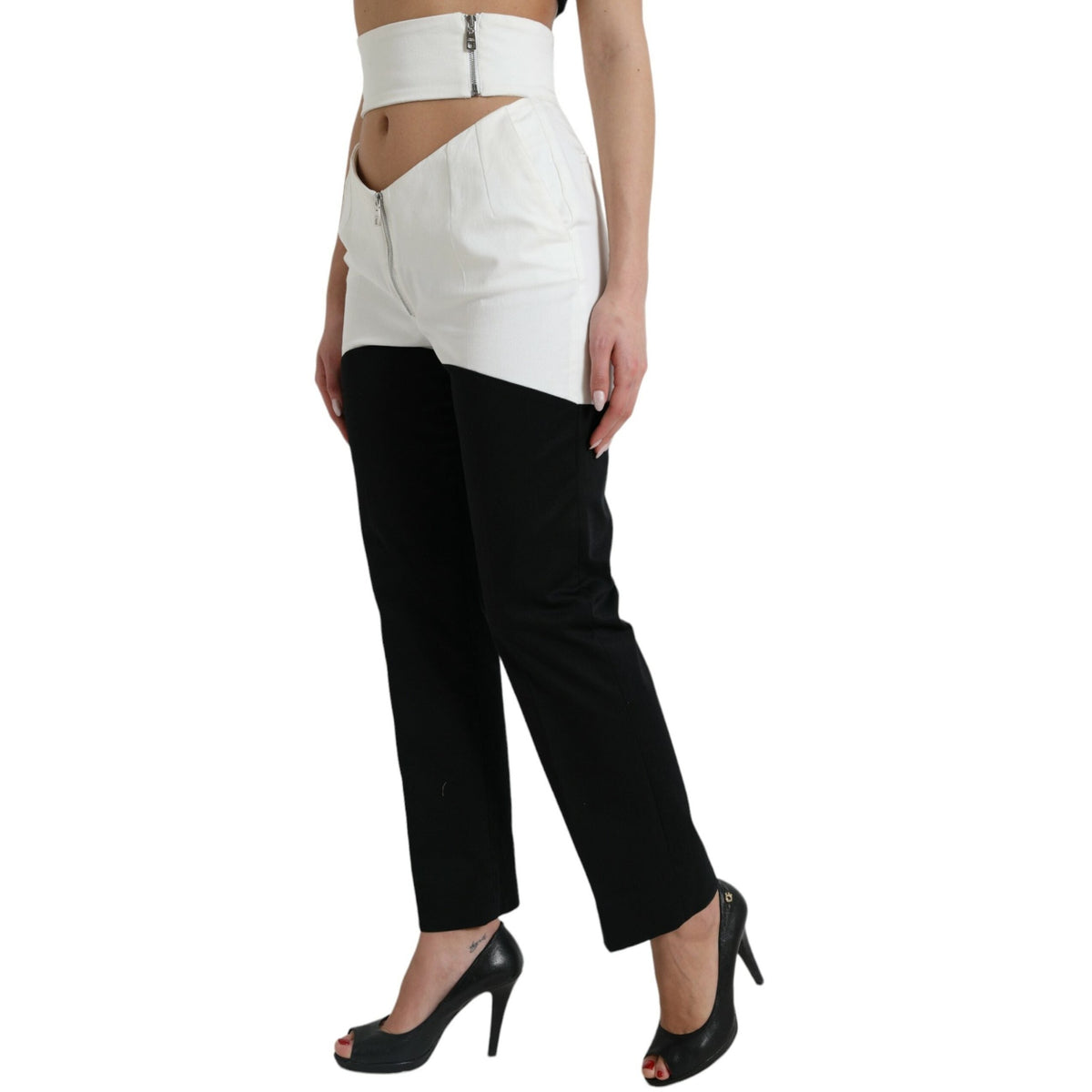 Dolce & Gabbana Black White Cotton Cut Out Waist Tapered Pants