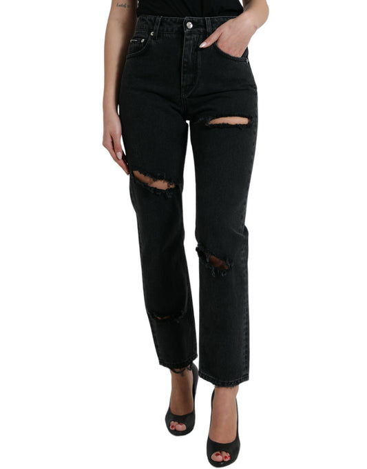 Dolce & Gabbana Black Cotton High Waist Tattered Denim Jeans Dolce & Gabbana