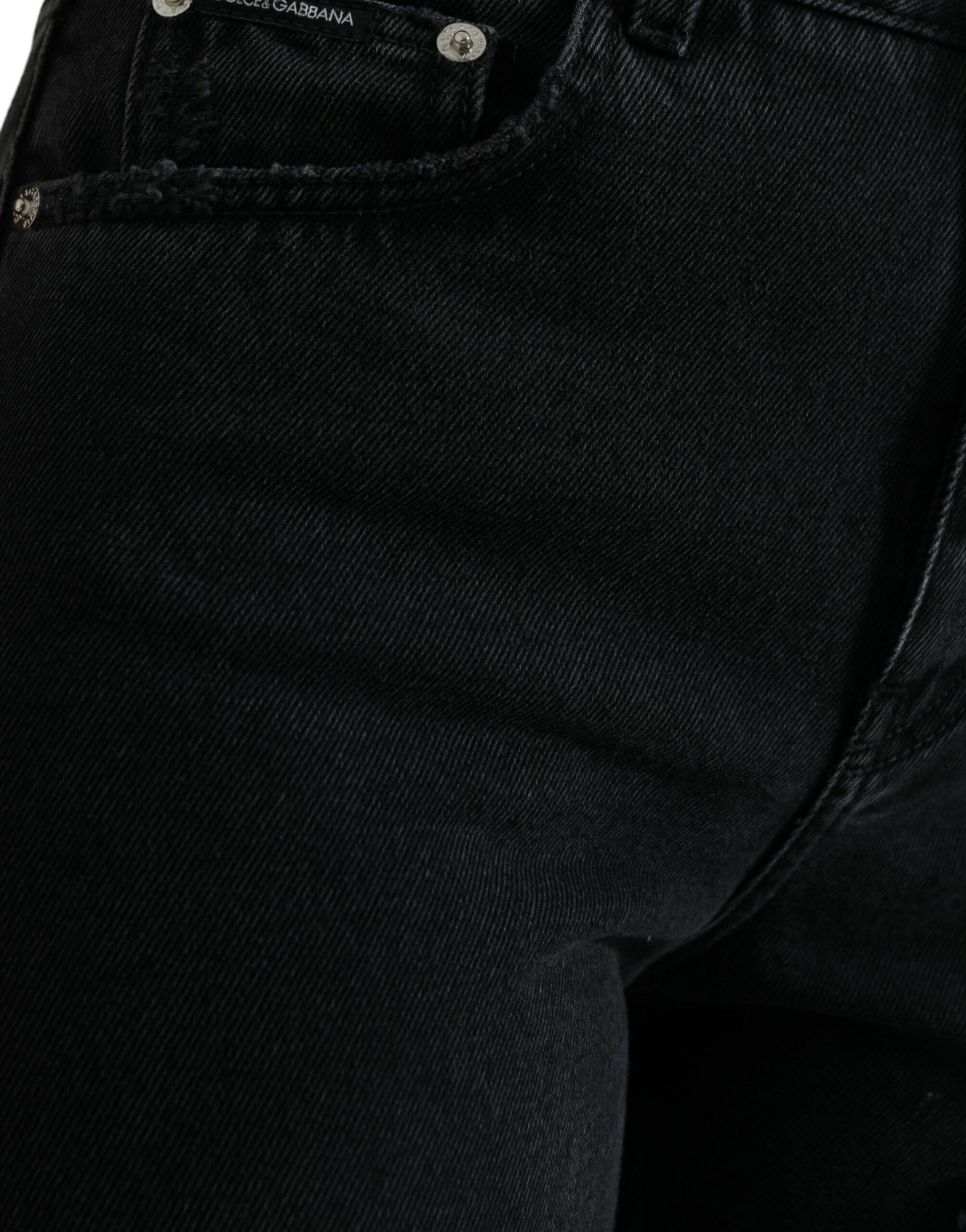Dolce & Gabbana Black Cotton High Waist Tattered Denim Jeans Dolce & Gabbana