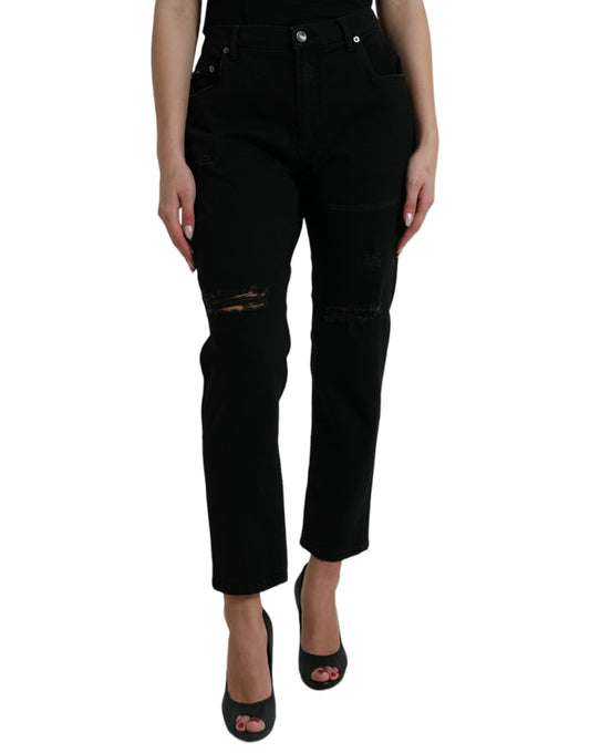 Dolce & Gabbana Black Cotton High Waist Tattered Denim Jeans Dolce & Gabbana
