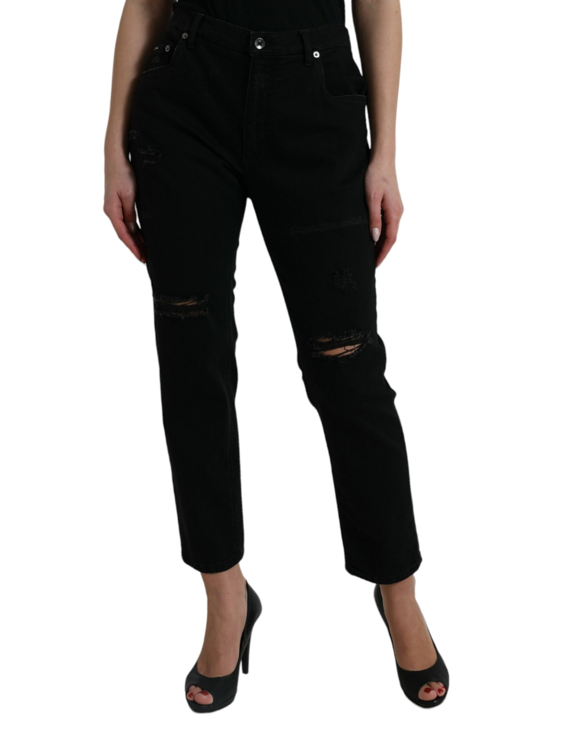 Dolce & Gabbana Black Cotton High Waist Tattered Denim Jeans Dolce & Gabbana