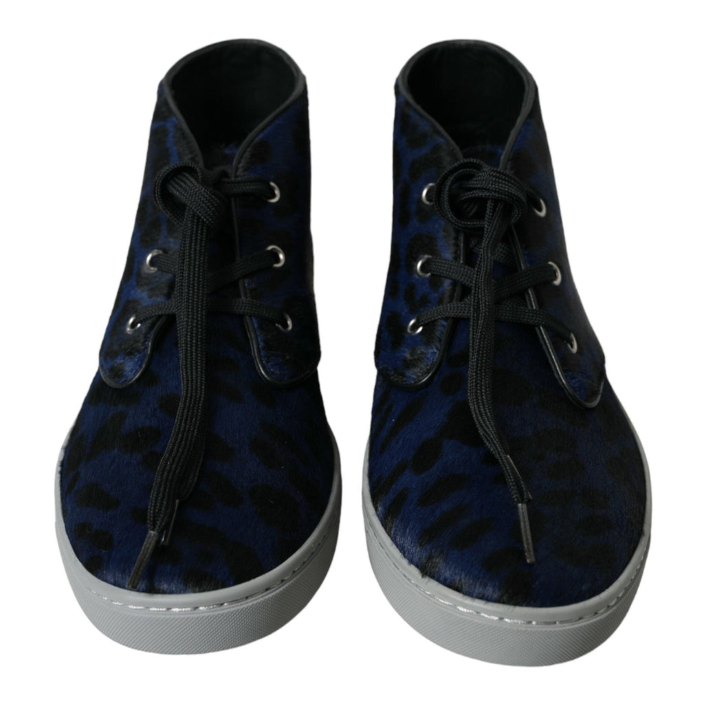 Dolce & Gabbana Blue Calfskin Leopard Mid Top Sneakers Shoes