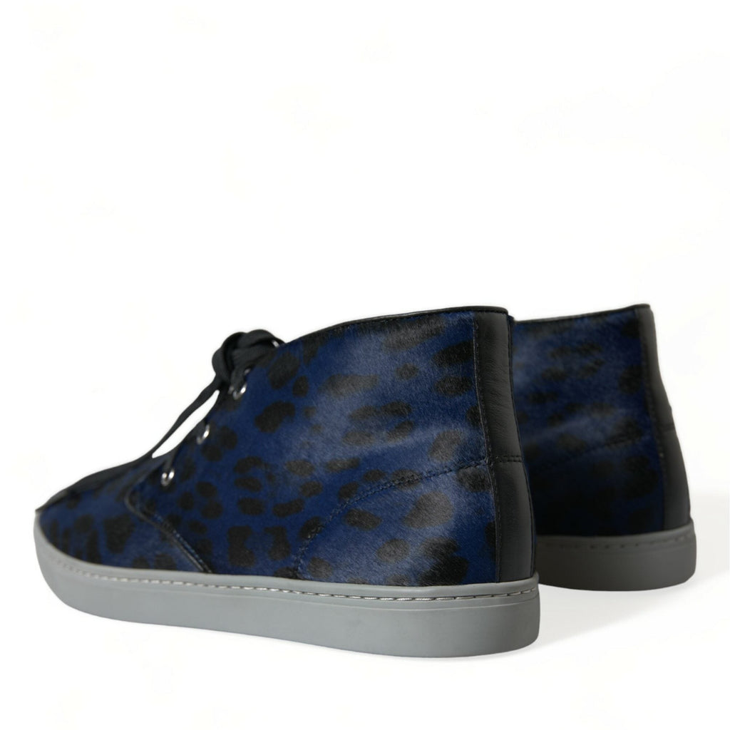 Dolce & Gabbana Blue Calfskin Leopard Mid Top Sneakers Shoes