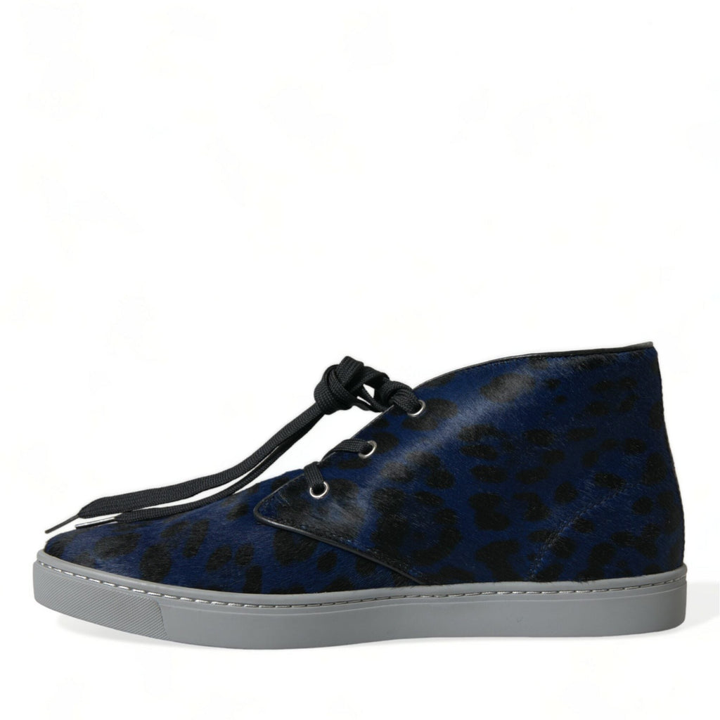 Dolce & Gabbana Blue Calfskin Leopard Mid Top Sneakers Shoes