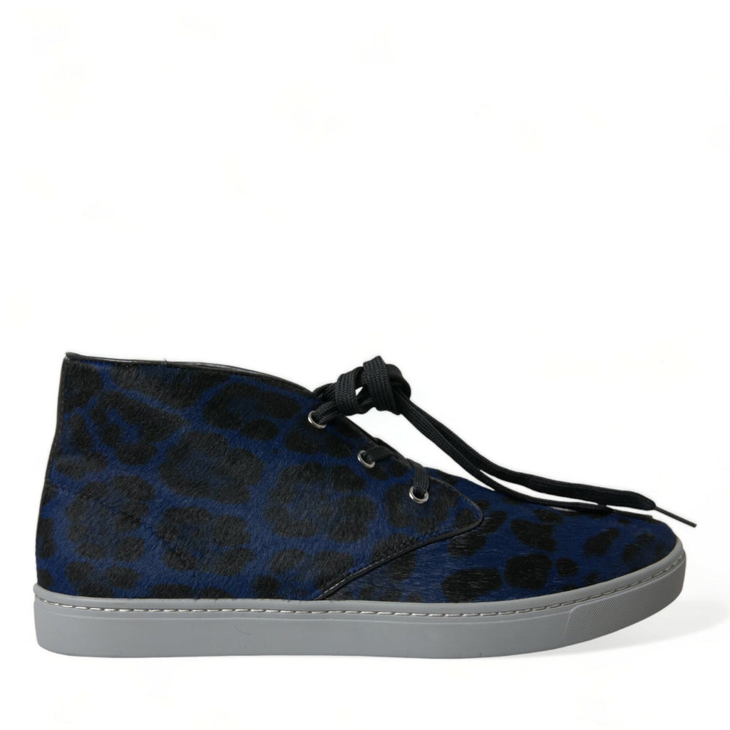 Dolce & Gabbana Blue Calfskin Leopard Mid Top Sneakers Shoes
