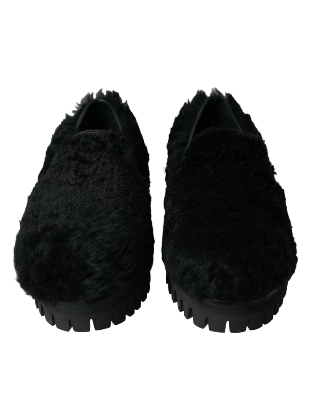 Dolce & Gabbana black fur leather slippers dress shoes with sleek design and luxurious texture.