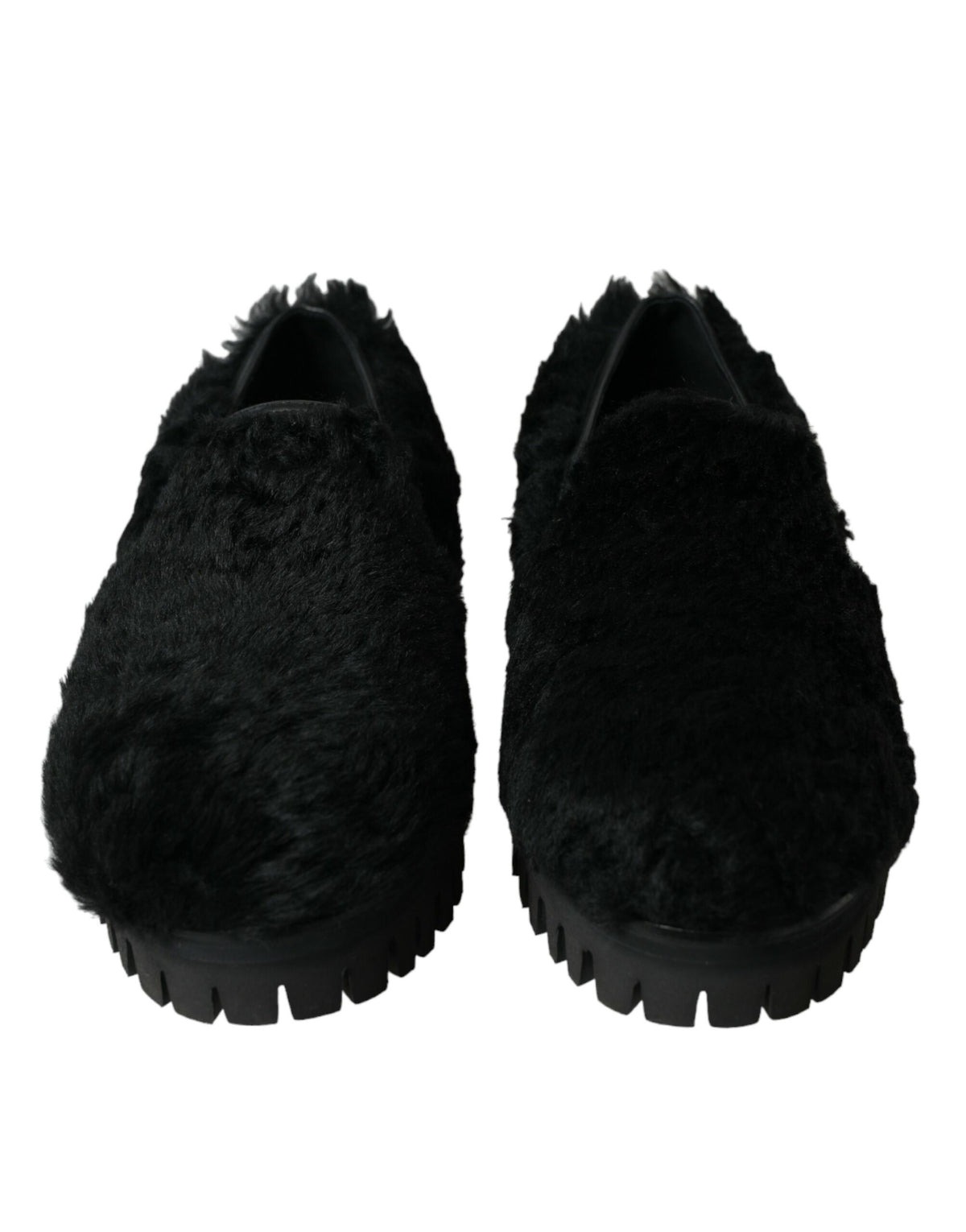 Dolce & Gabbana black fur leather slippers dress shoes with sleek design and luxurious texture.