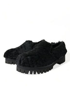 Dolce & Gabbana black fur leather slippers with dress shoe style, featuring sleek design and luxurious textures.