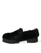 Dolce & Gabbana black fur leather slippers dress shoes with sleek design and luxurious texture.