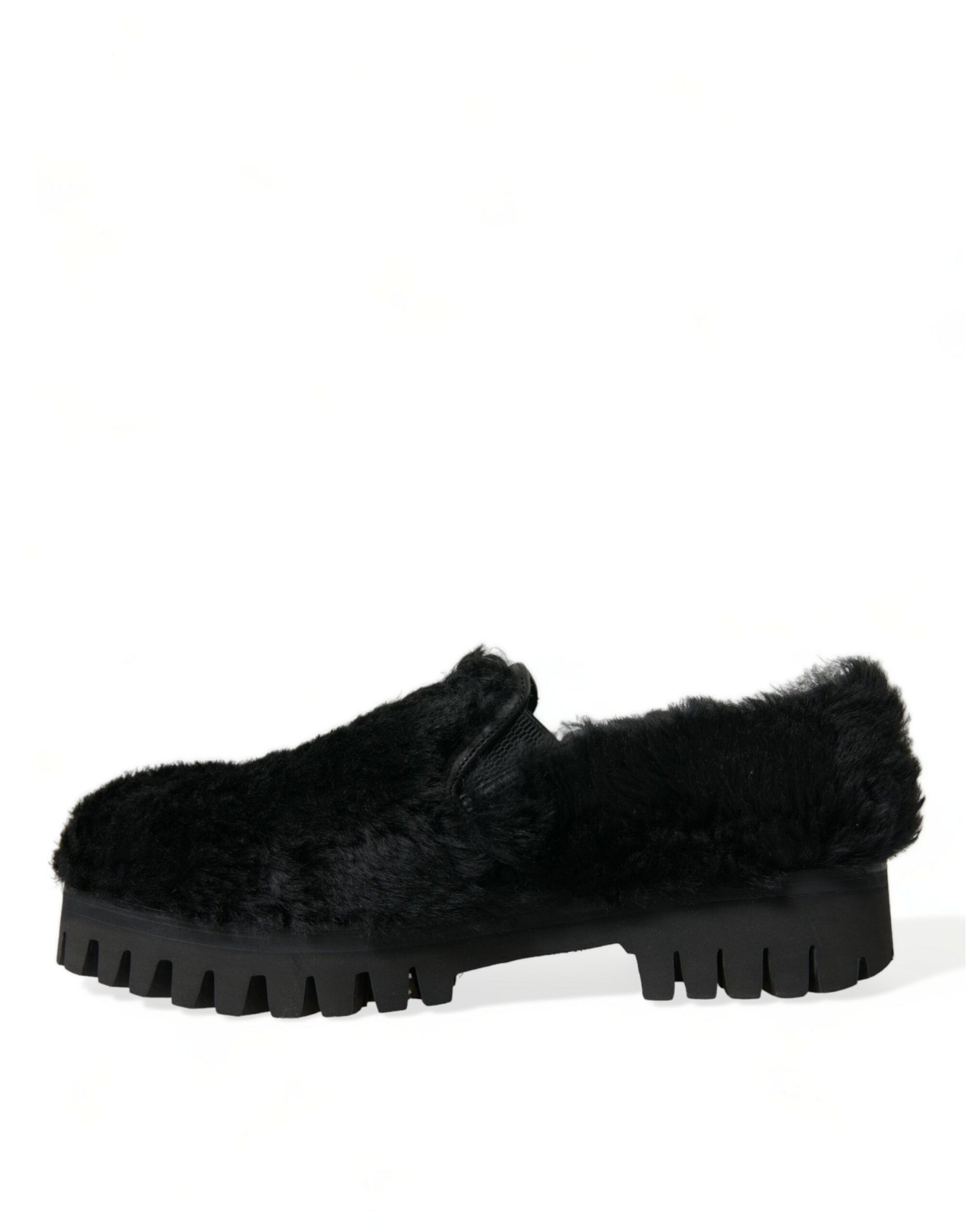 Dolce & Gabbana Black Fur Leather Slippers Dress Shoes Dolce & Gabbana