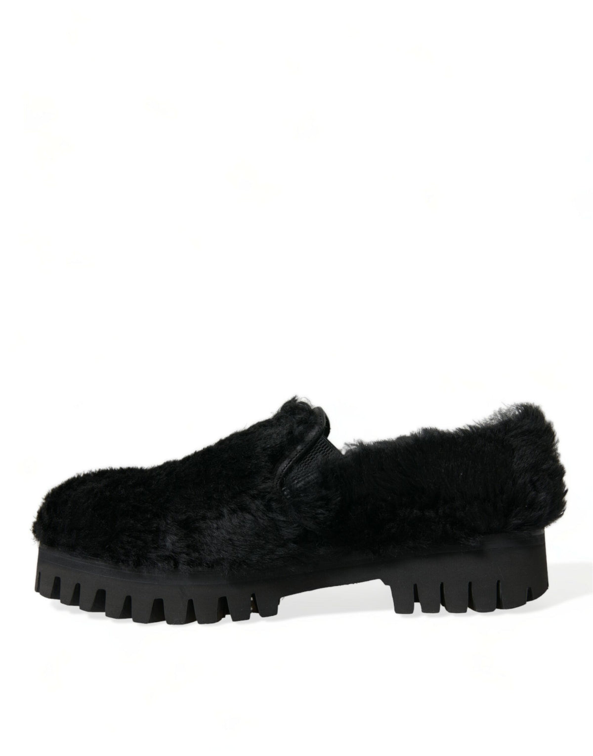 Dolce & Gabbana black fur leather slippers dress shoes with sleek design and luxurious texture.