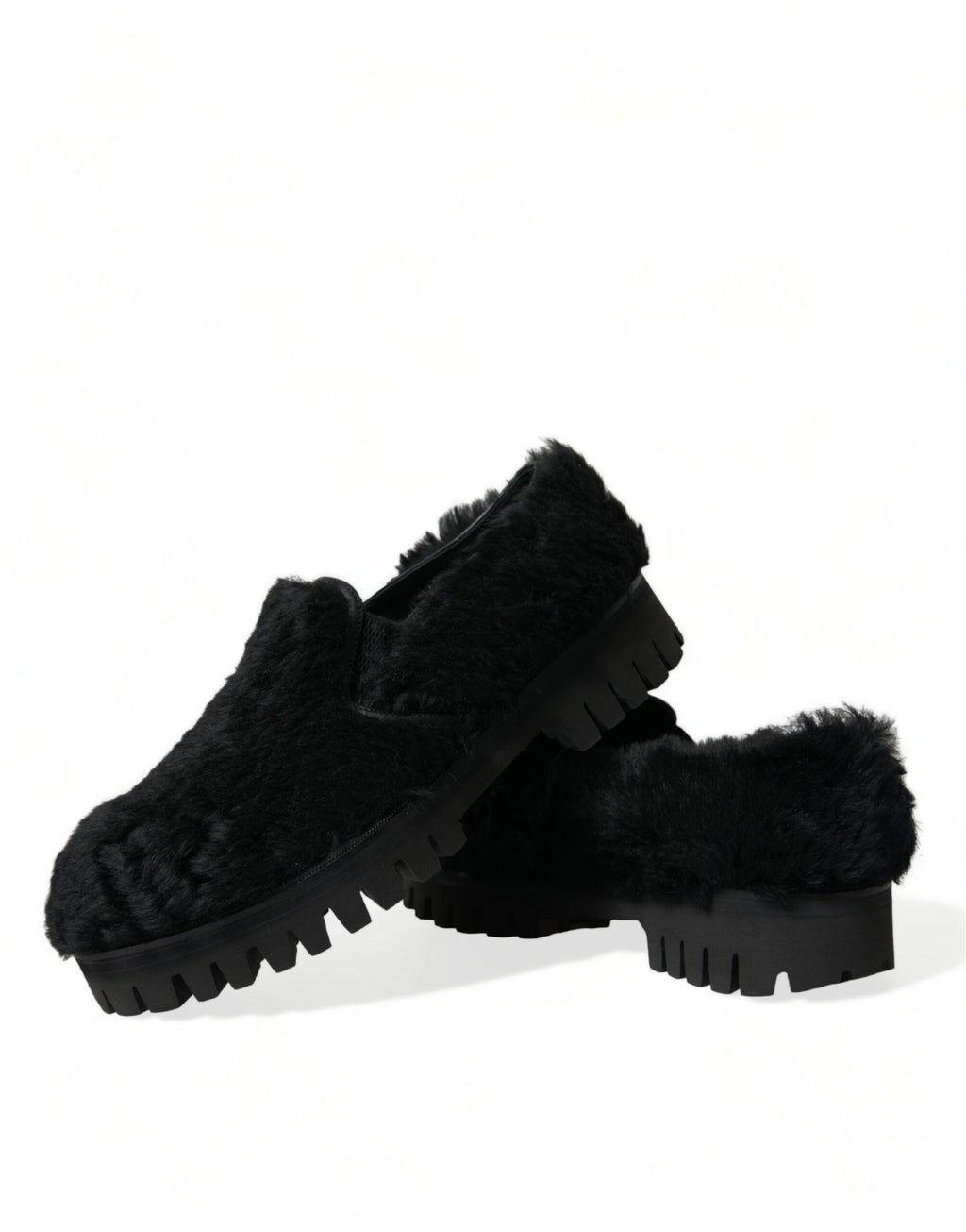Dolce & Gabbana black fur leather slippers dress shoes with sleek design and luxurious texture, ideal for stylish formal wear.