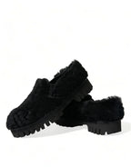 Dolce & Gabbana black fur leather slippers dress shoes with sleek design and luxurious texture, ideal for stylish formal wear.