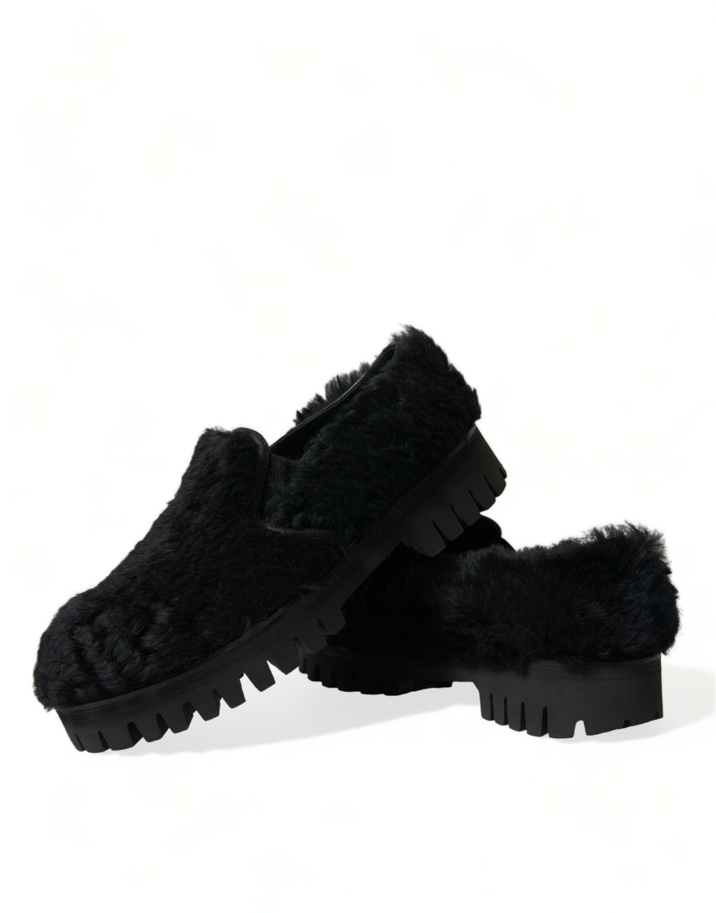 Dolce & Gabbana Black Fur Leather Slippers Dress Shoes Dolce & Gabbana