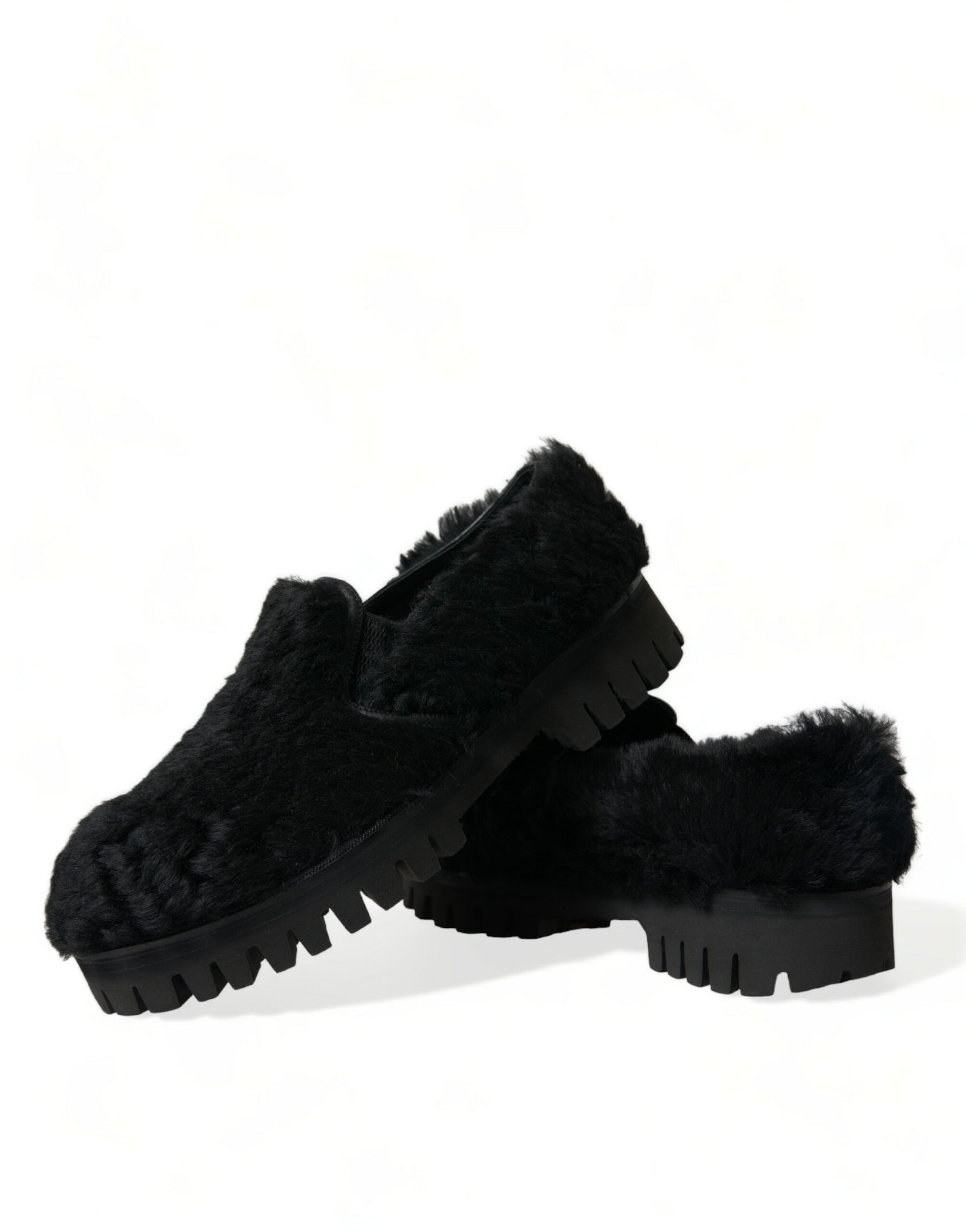 Dolce & Gabbana Black Fur Leather Slippers Dress Shoes Dolce & Gabbana