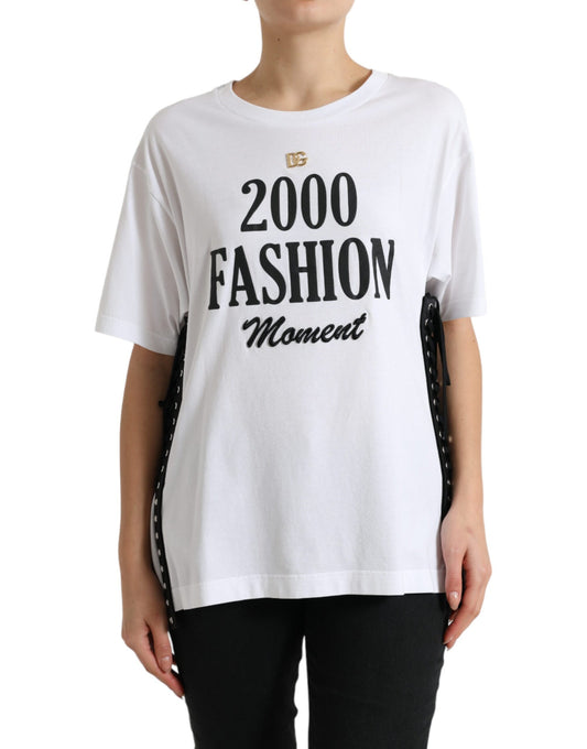 Dolce & Gabbana White Slogan Print Lacing Detailed T-shirt Dolce & Gabbana