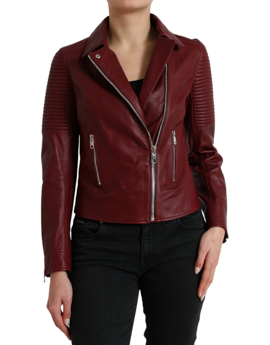 Dolce & Gabbana Bordeaux Leather Biker Coat Lambskin Jacket Dolce & Gabbana