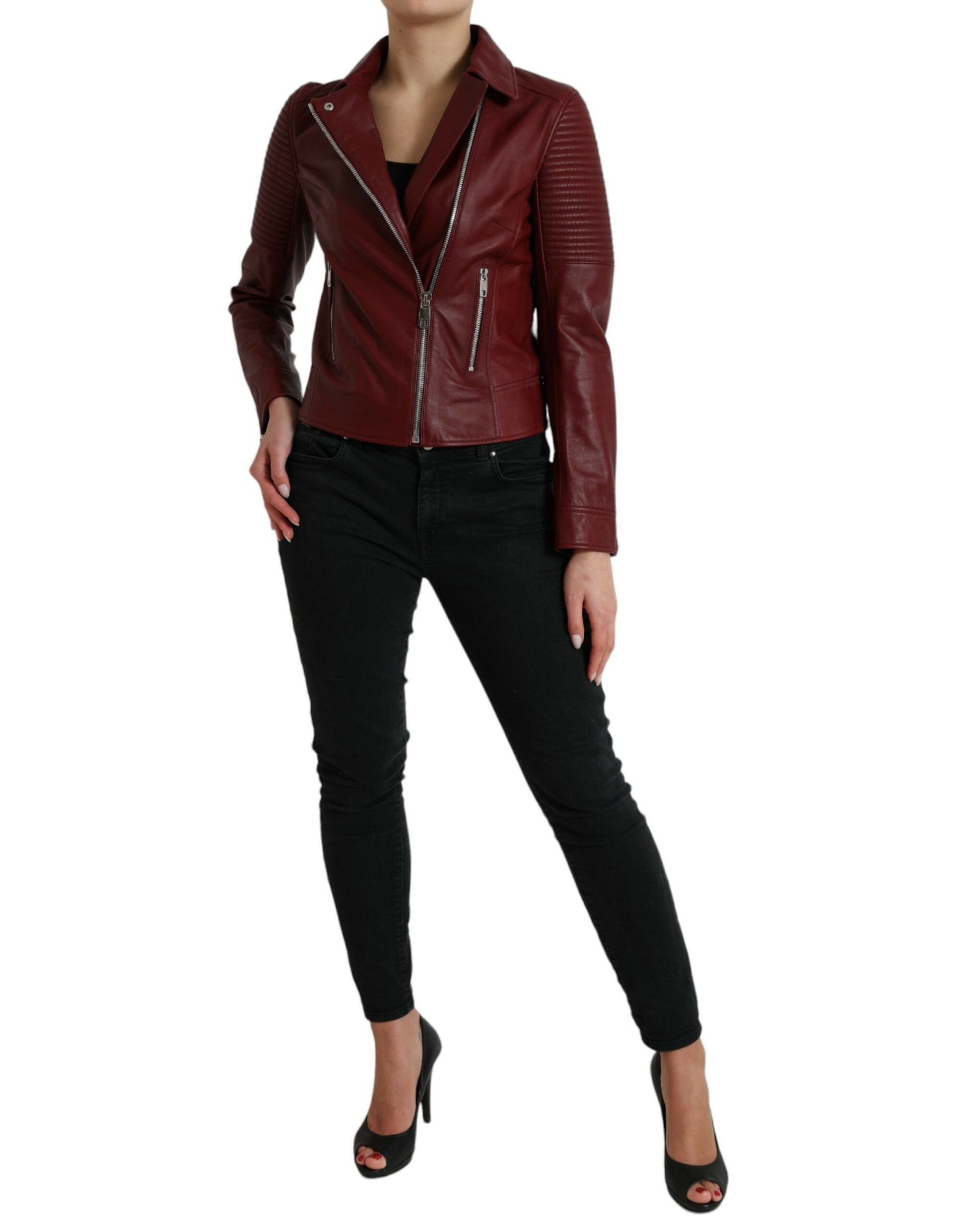 Dolce & Gabbana Bordeaux Leather Biker Coat Lambskin Jacket Dolce & Gabbana