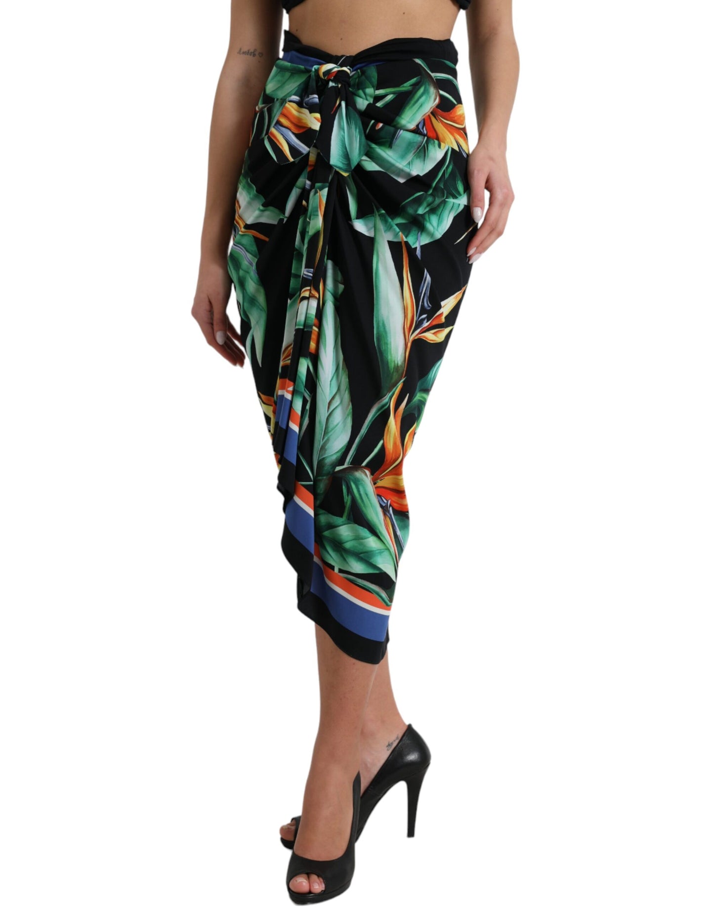 Dolce & Gabbana Black Strelitzia High Waist Wrap Midi Skirt Dolce & Gabbana