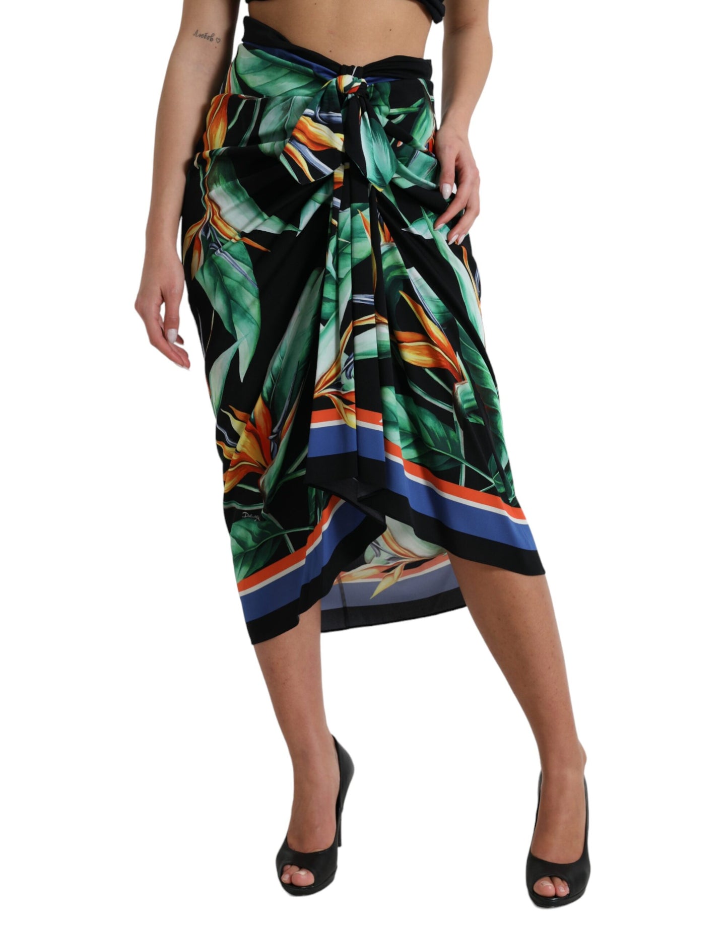 Dolce & Gabbana Black Strelitzia High Waist Wrap Midi Skirt Dolce & Gabbana