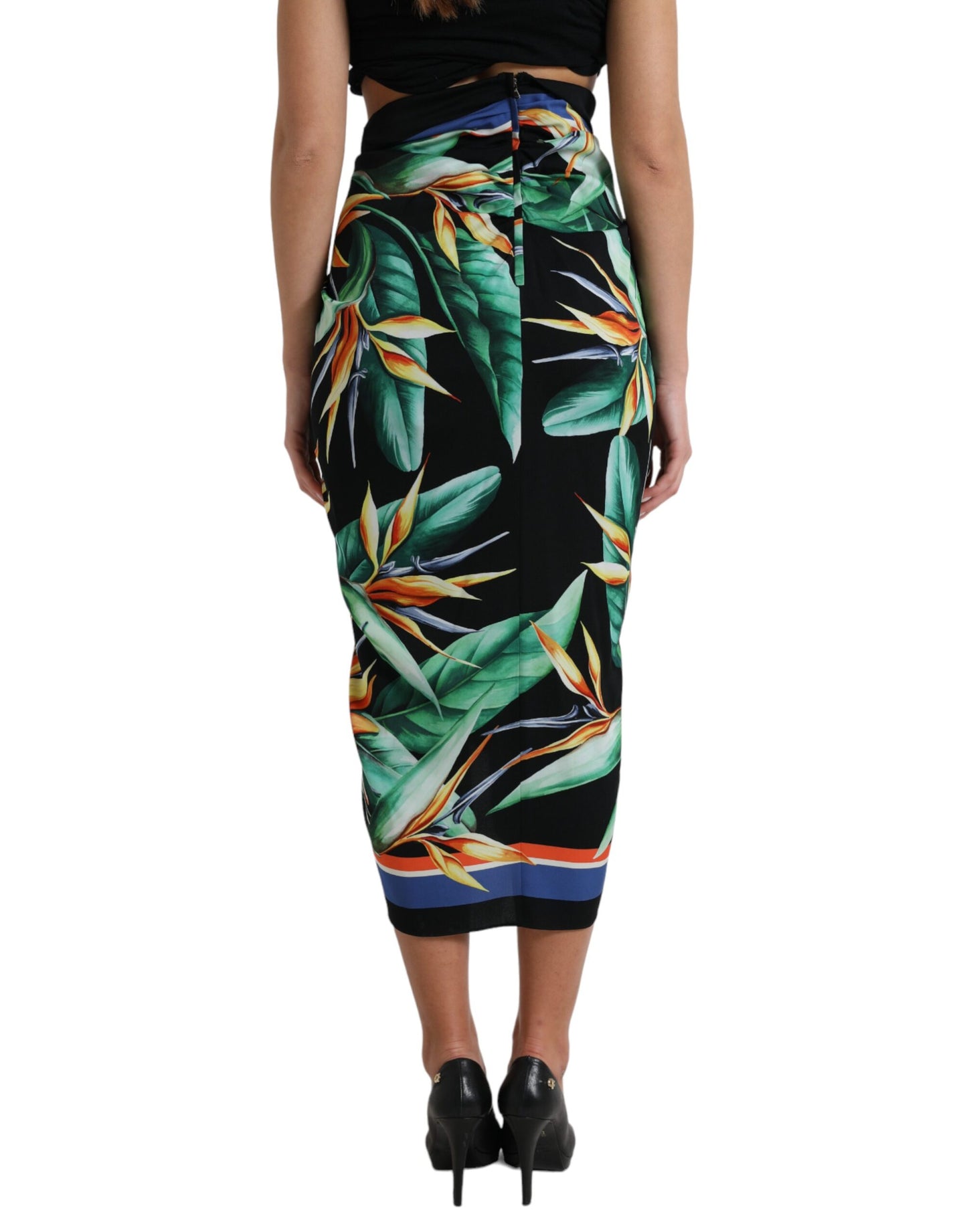 Dolce & Gabbana Black Strelitzia High Waist Wrap Midi Skirt Dolce & Gabbana