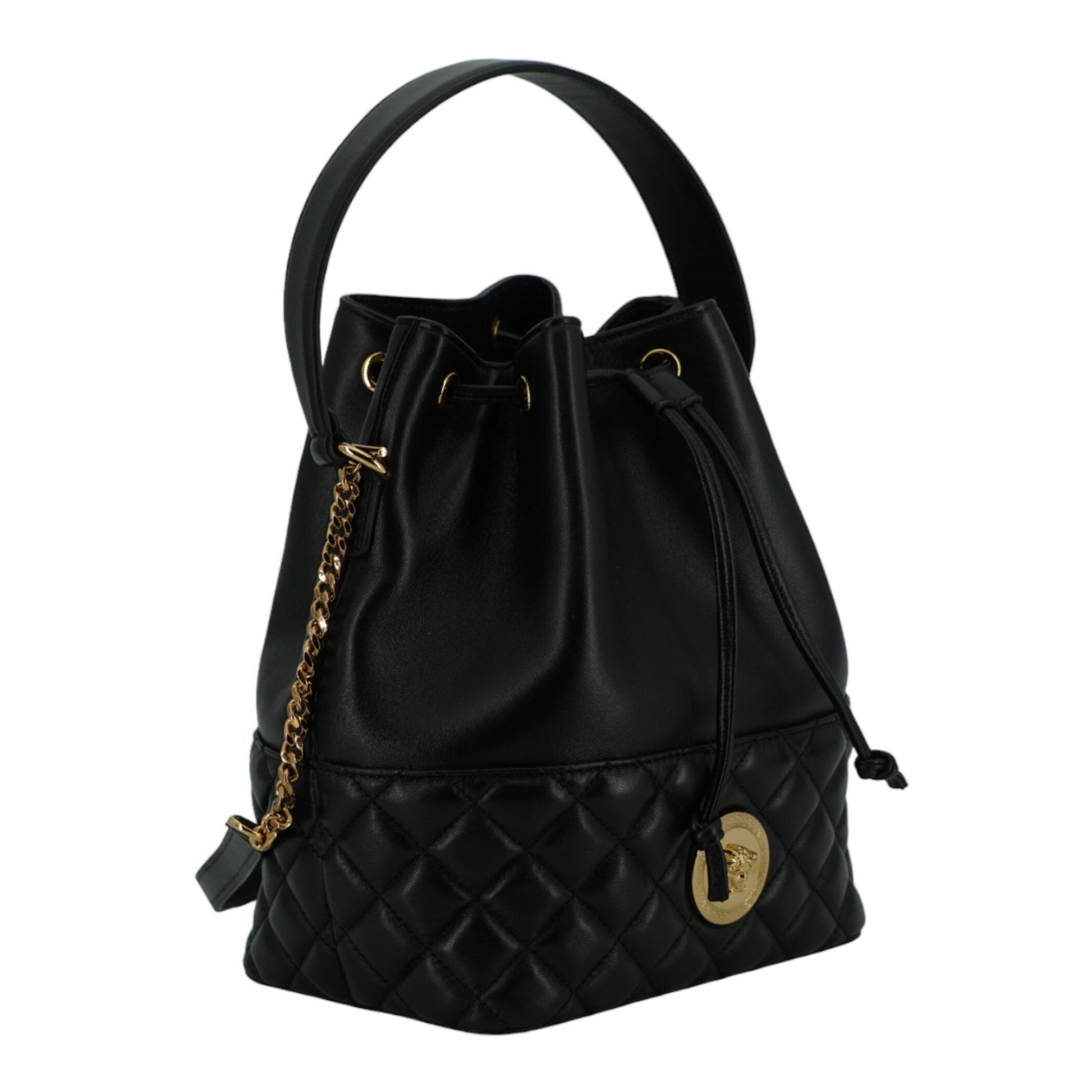 Versace Elegant Black Leather Medusa Bucket Shoulder Bag Versace