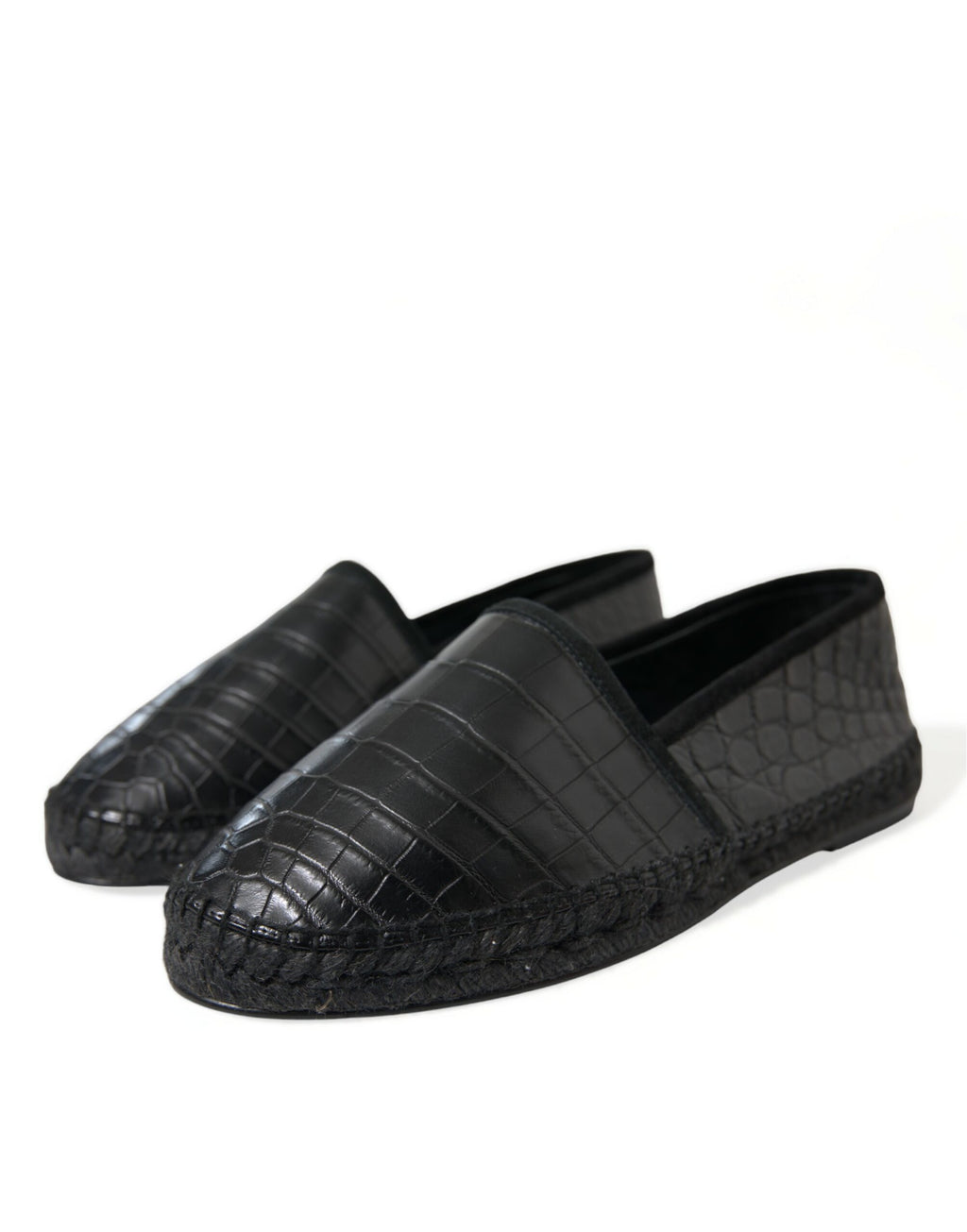 Dolce & Gabbana black exotic leather slip-on espadrille shoes with woven jute sole and sleek design.