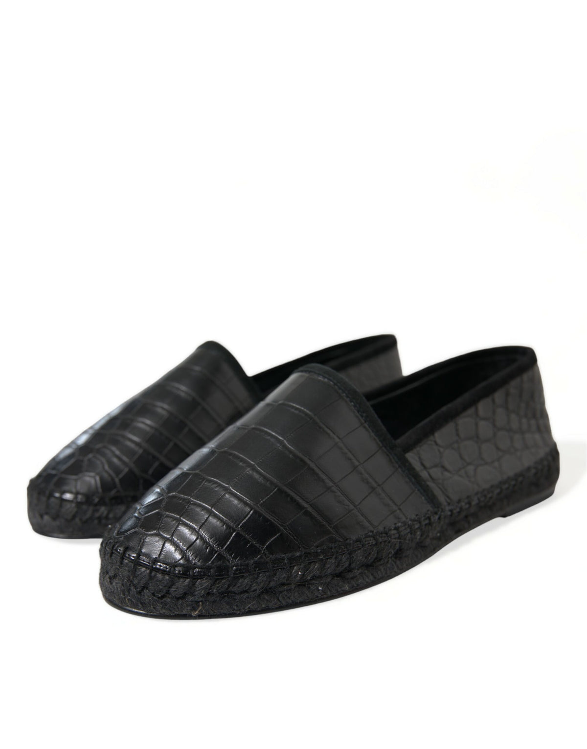 Dolce & Gabbana black exotic leather slip-on espadrille shoes with woven jute sole and sleek design.