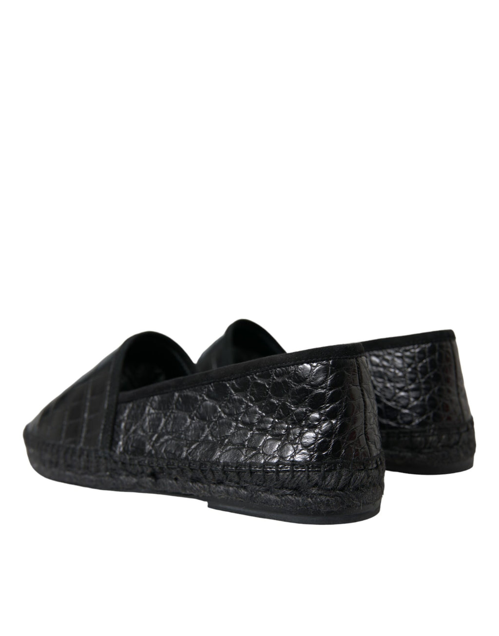 Dolce & Gabbana black exotic leather espadrille slip-on shoes with contrast stitching and textured leather details.