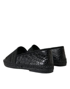 Dolce & Gabbana black exotic leather espadrille slip-on shoes with contrast stitching and textured leather details.