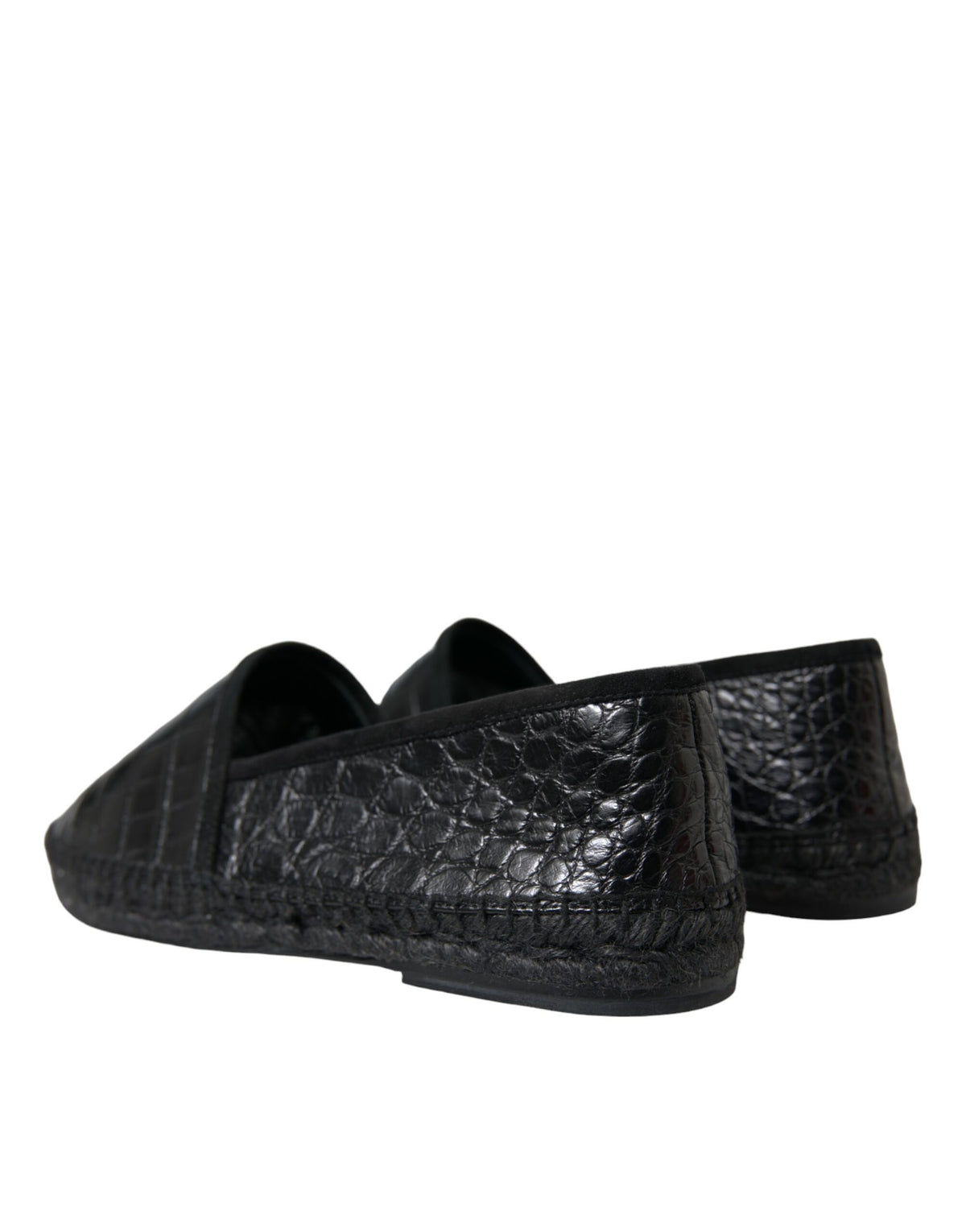 Dolce & Gabbana black exotic leather espadrille slip-on shoes with contrast stitching and textured leather details.