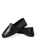 Dolce & Gabbana black exotic leather slip-on espadrille shoes with woven sole and sleek design.