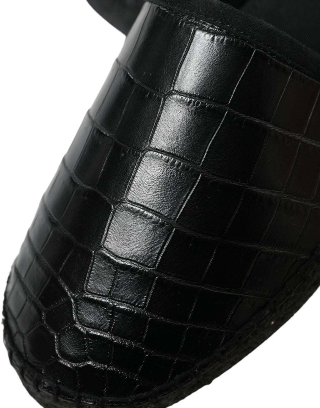 Dolce & Gabbana black exotic leather slip-on espadrille shoes with woven jute soles and sleek design.