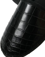 Dolce & Gabbana black exotic leather slip-on espadrille shoes with woven jute soles and sleek design.