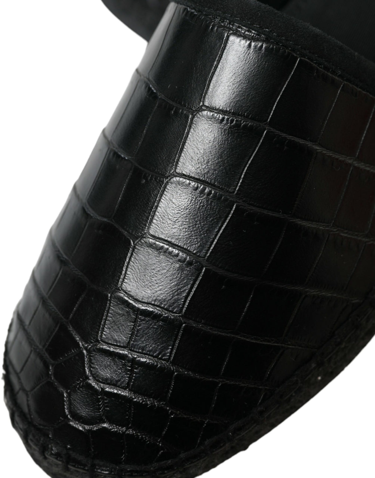 Dolce & Gabbana black exotic leather slip-on espadrille shoes with woven jute soles and sleek design.