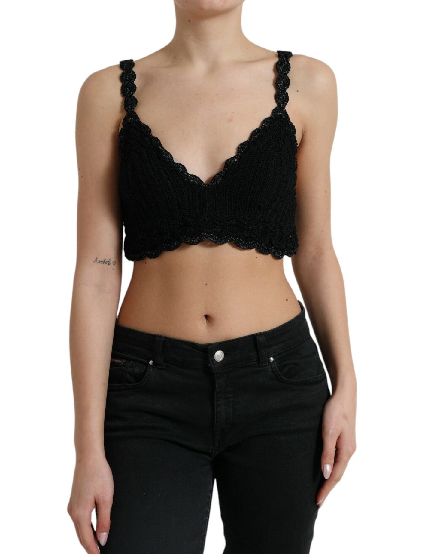 Dolce & Gabbana Black Cotton Bustier Cropped Crochet Tank Top Dolce & Gabbana