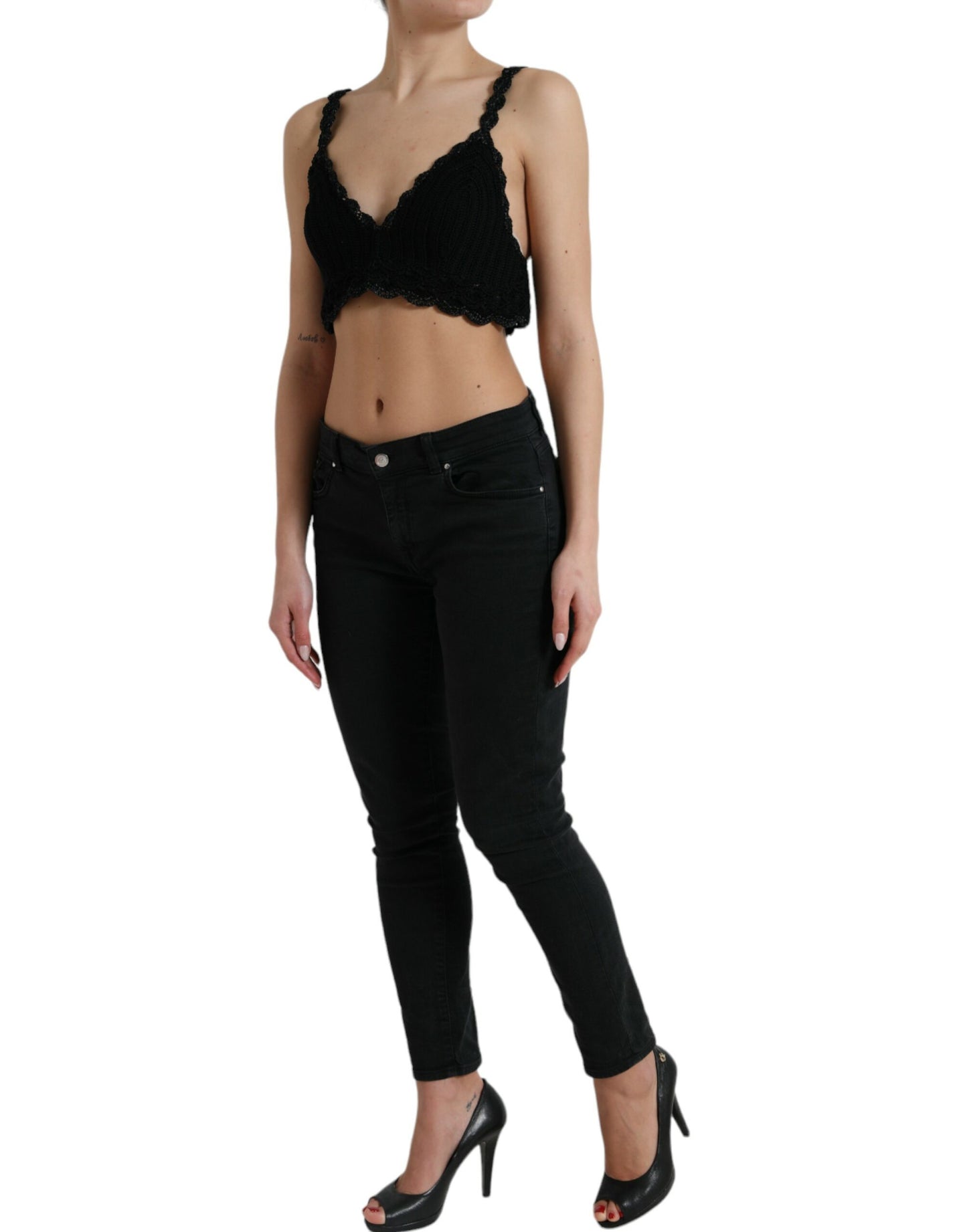 Dolce & Gabbana Black Cotton Bustier Cropped Crochet Tank Top Dolce & Gabbana