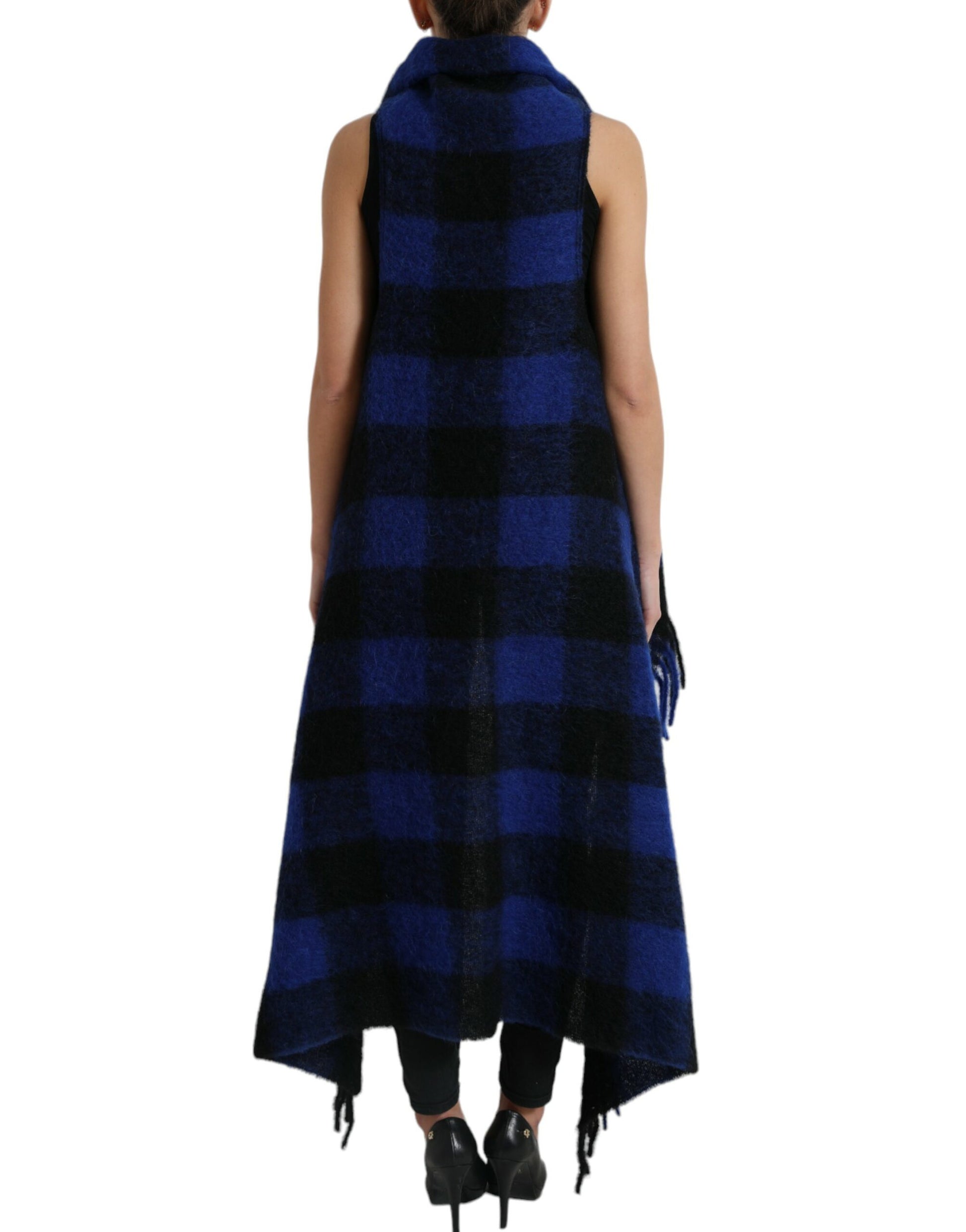 Dolce & Gabbana Black Blue Buffalo Check Poncho Coat Sweater Dolce & Gabbana