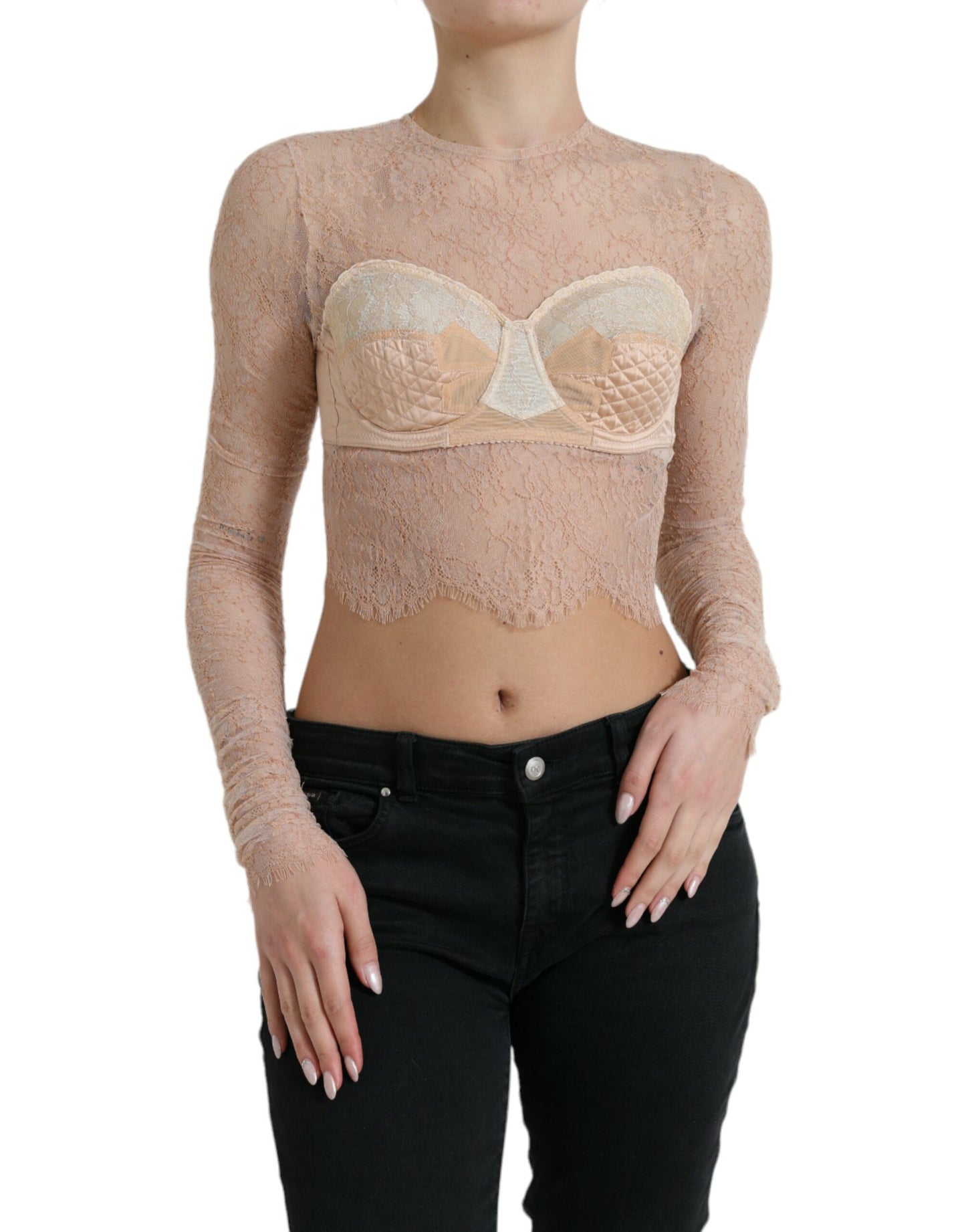 Dolce & Gabbana Beige Nylon Floral Lace Bustier Cropped Top Dolce & Gabbana