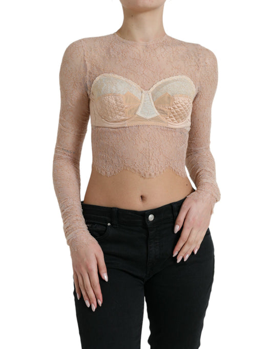 Dolce & Gabbana Beige Nylon Floral Lace Bustier Cropped Top Dolce & Gabbana