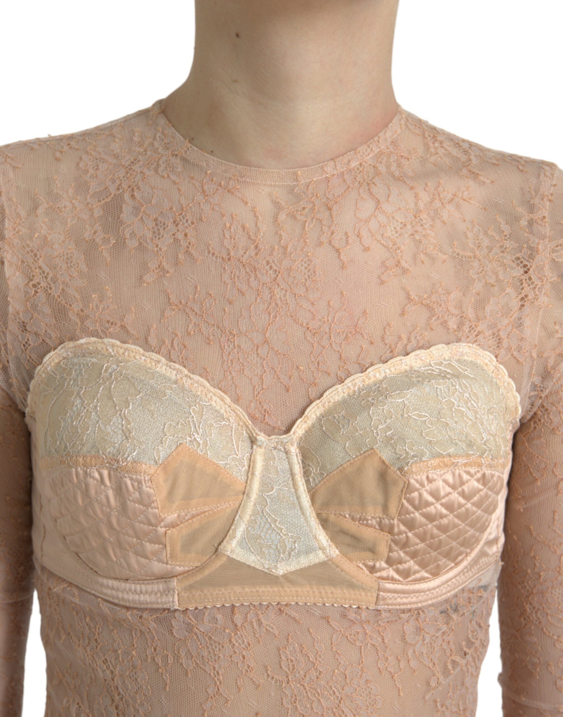 Dolce & Gabbana Beige Nylon Floral Lace Bustier Cropped Top Dolce & Gabbana