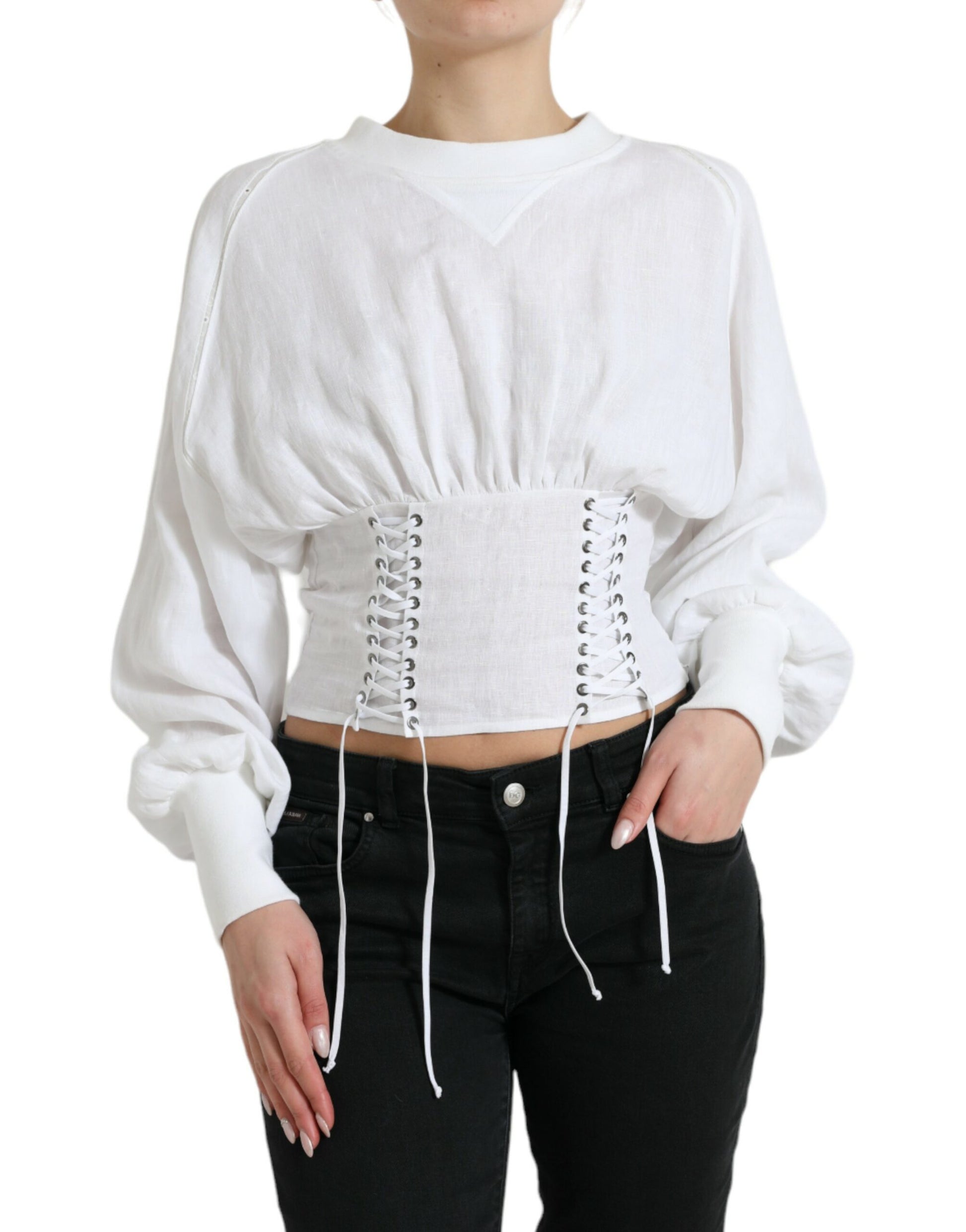Dolce & Gabbana White Cotton Corset Cropped Long Sleeves Topclothing Dolce & Gabbana